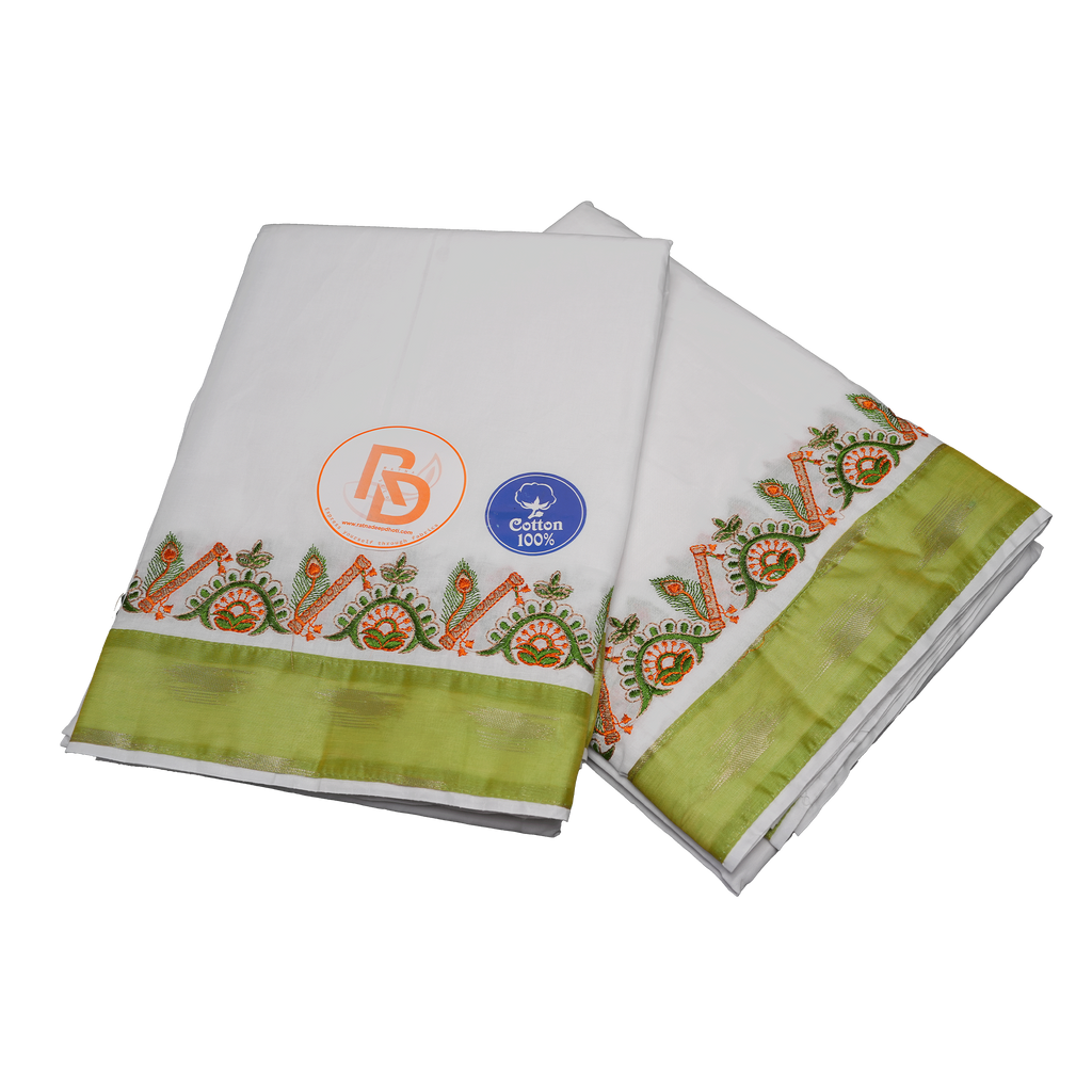 White dhoti set with mehndi border and flute embroidered design on a white dhoti