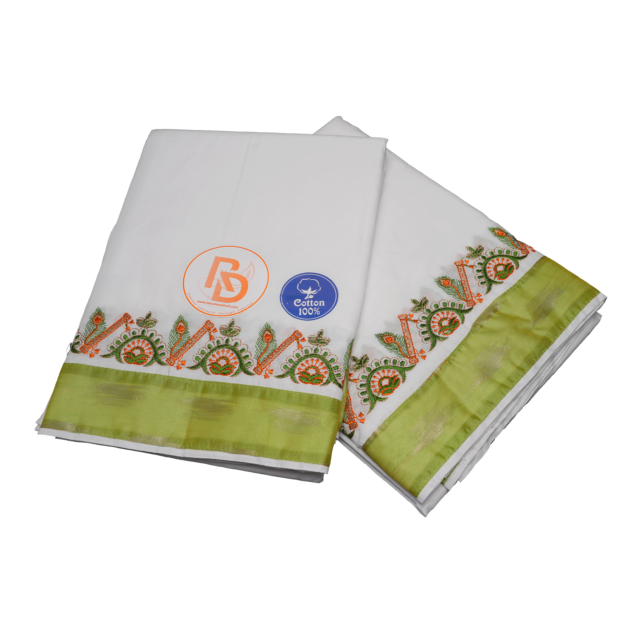 White dhoti set with mehndi border and flute embroidered design on a white dhoti