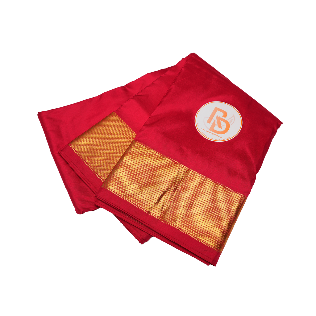 Pure silk red dhoti with golden zigzag pattern border