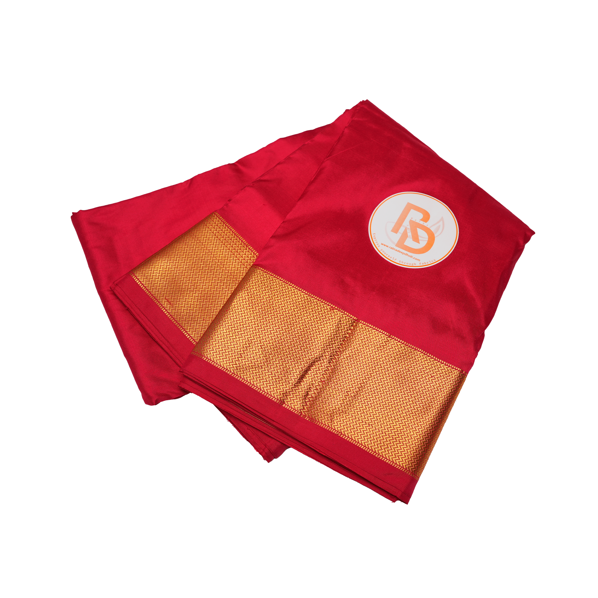 Pure silk red dhoti with golden zigzag pattern border