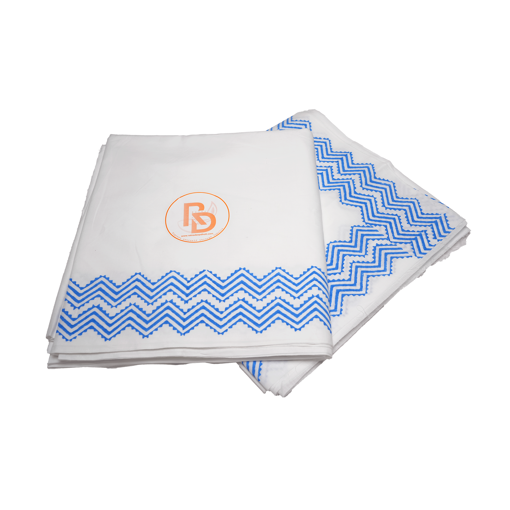White Cotton Dhoti with blue zigzag design