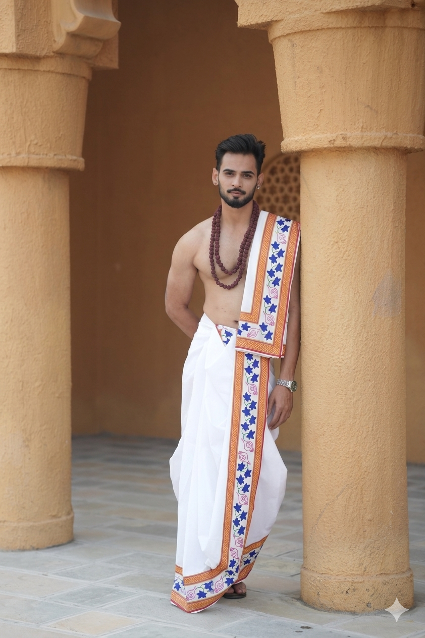 Man wearing a traditional white dhoti with a colorful border in an architectural setting.