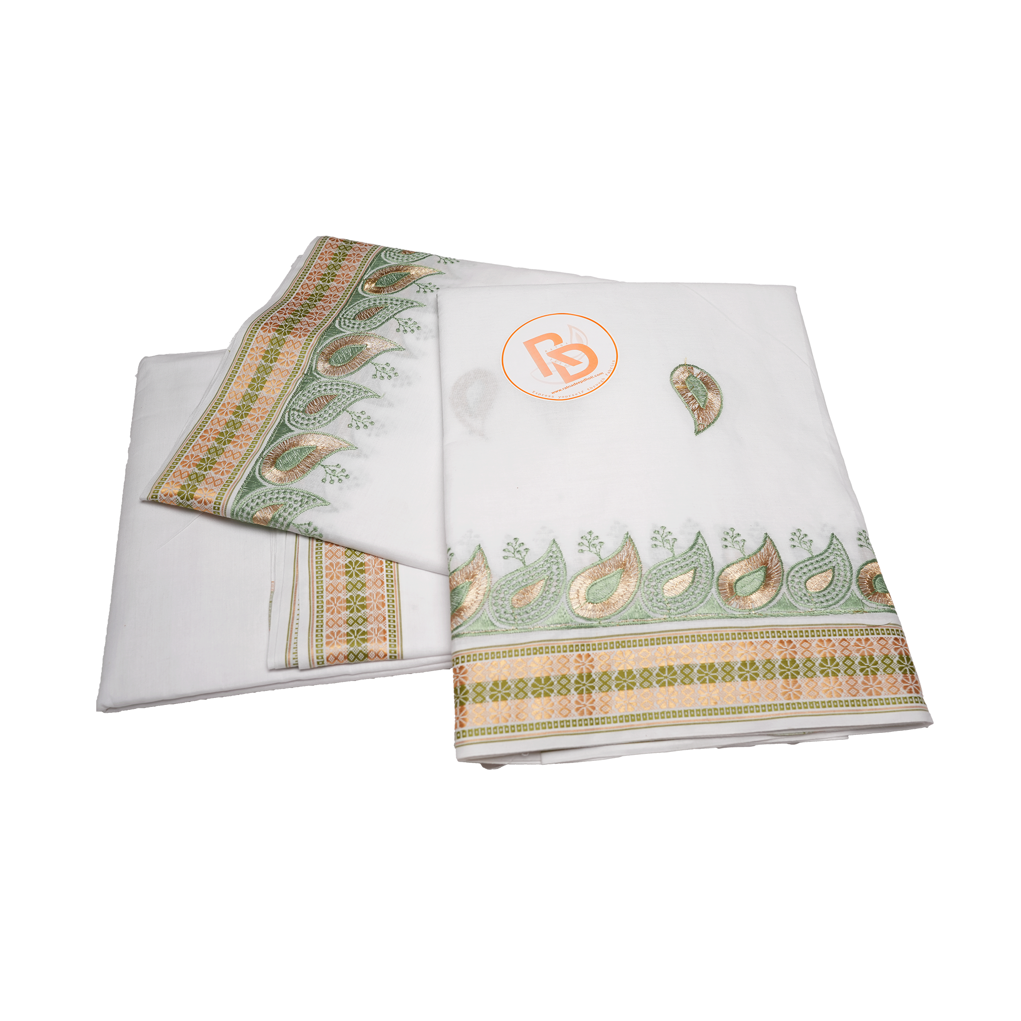 White Cotton Dhoti with Green & Gold Border