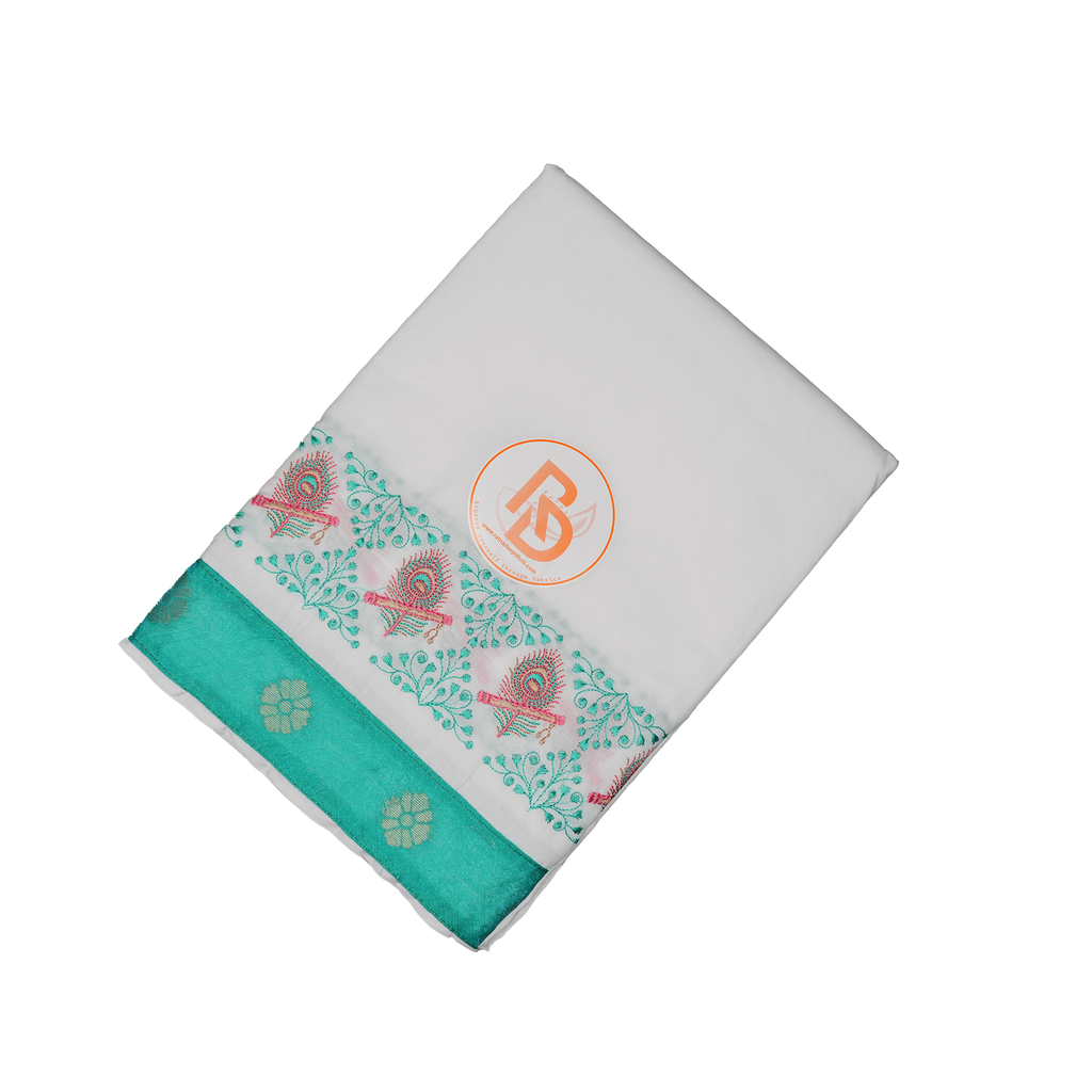 White Cotton Dhoti Set with Teal Green Peacock Feather Jacquard Border