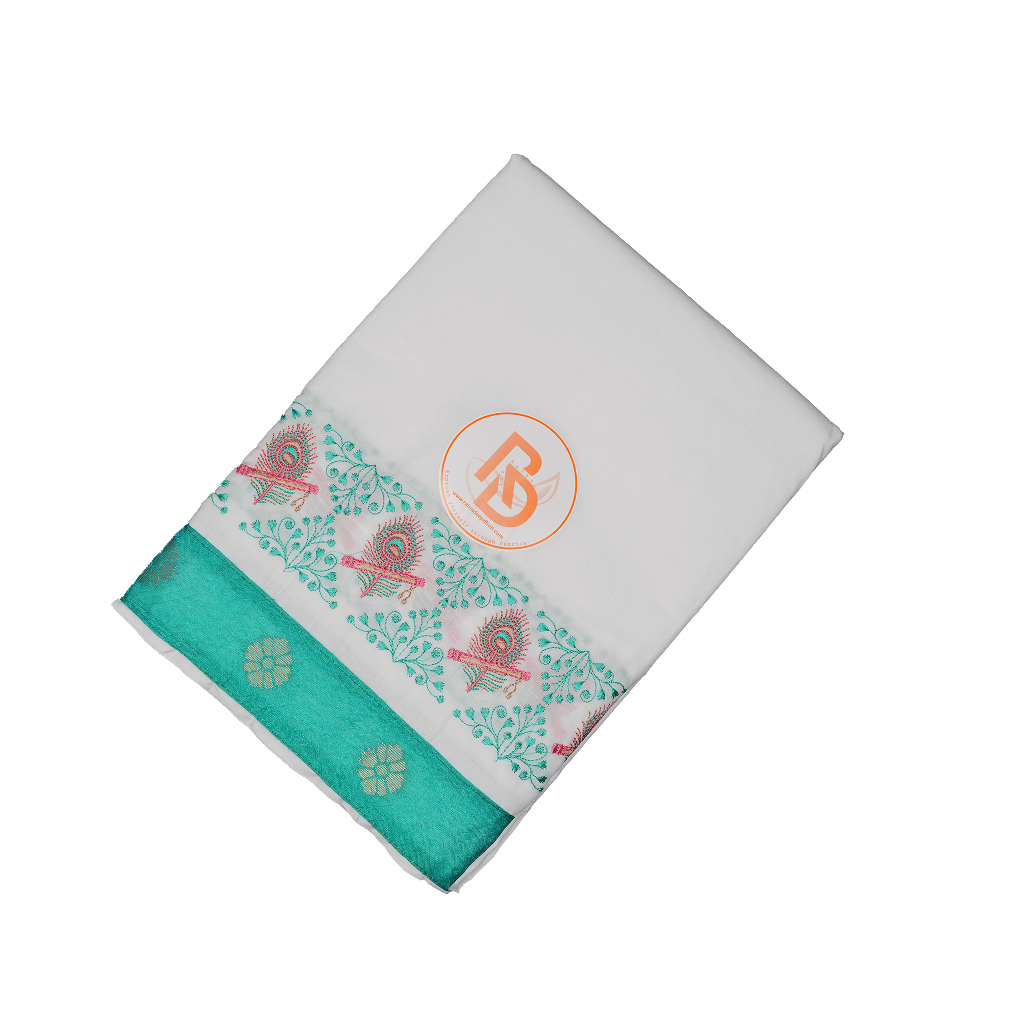 White Cotton Dhoti Set with Teal Green Peacock Feather Jacquard Border