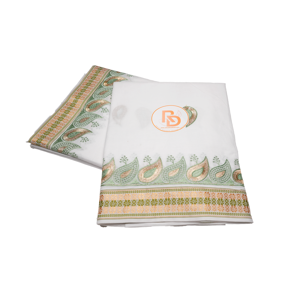 White Cotton Dhoti with Green & Gold Border