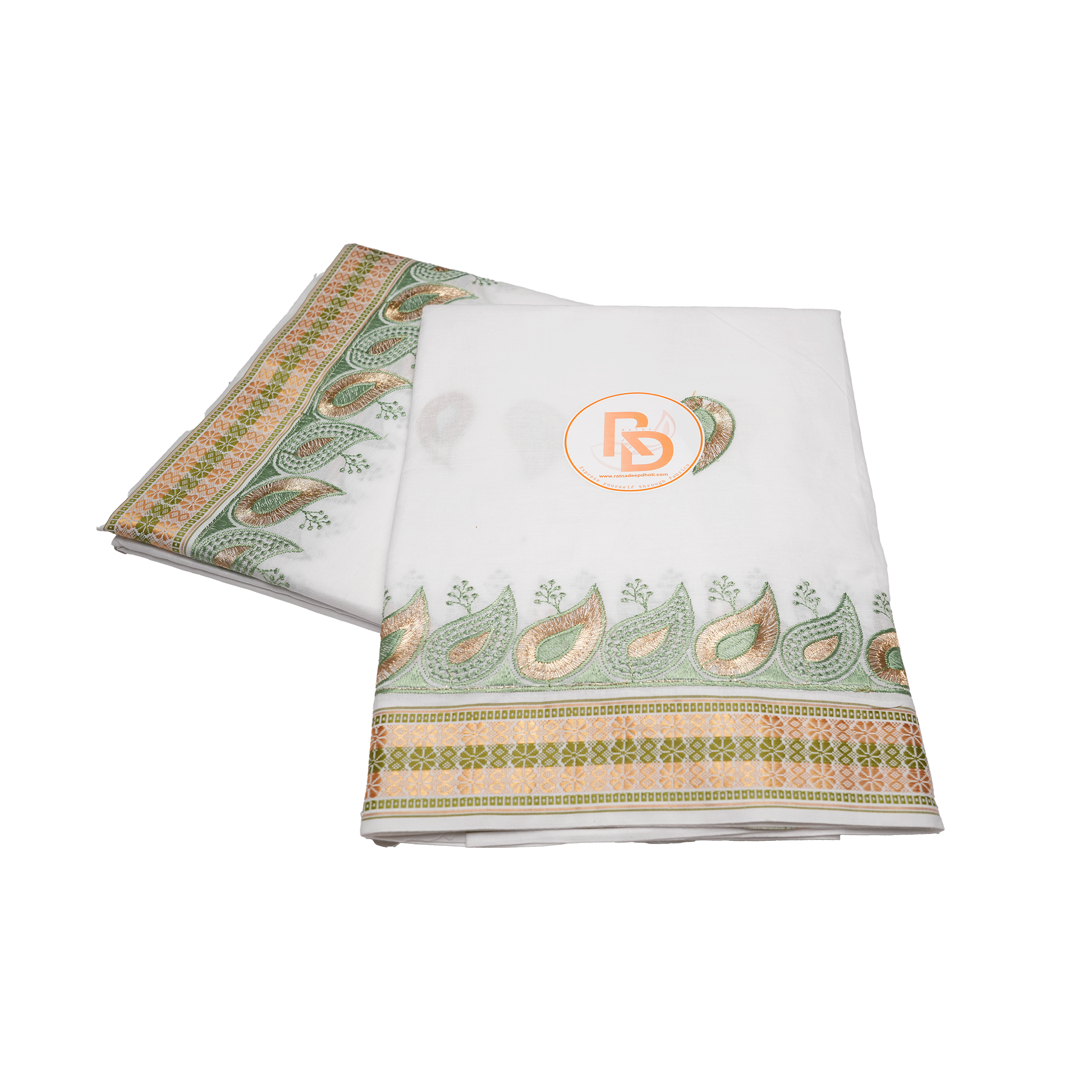 White Cotton Dhoti with Green & Gold Border