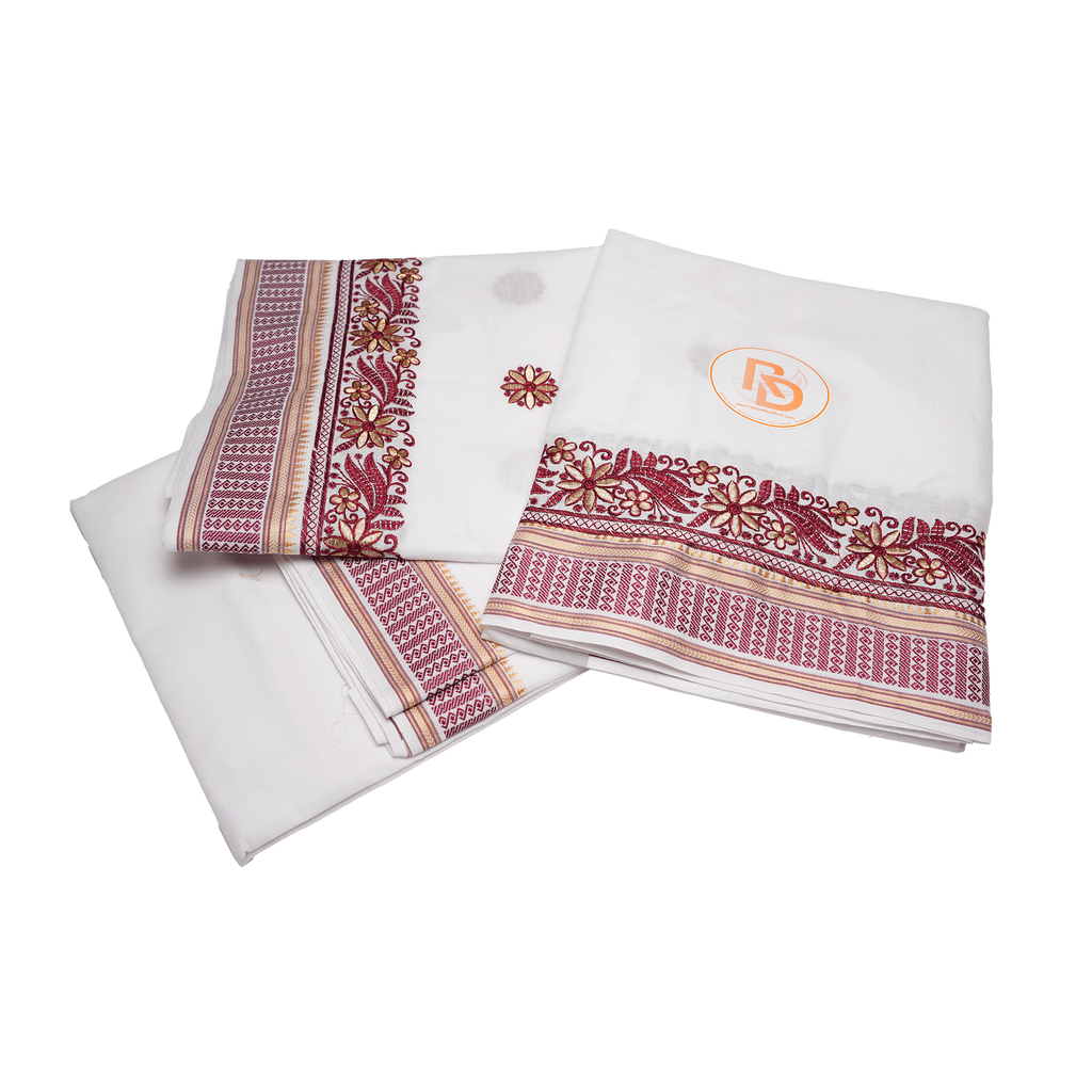 White Cotton Dhoti with Red Designer Border