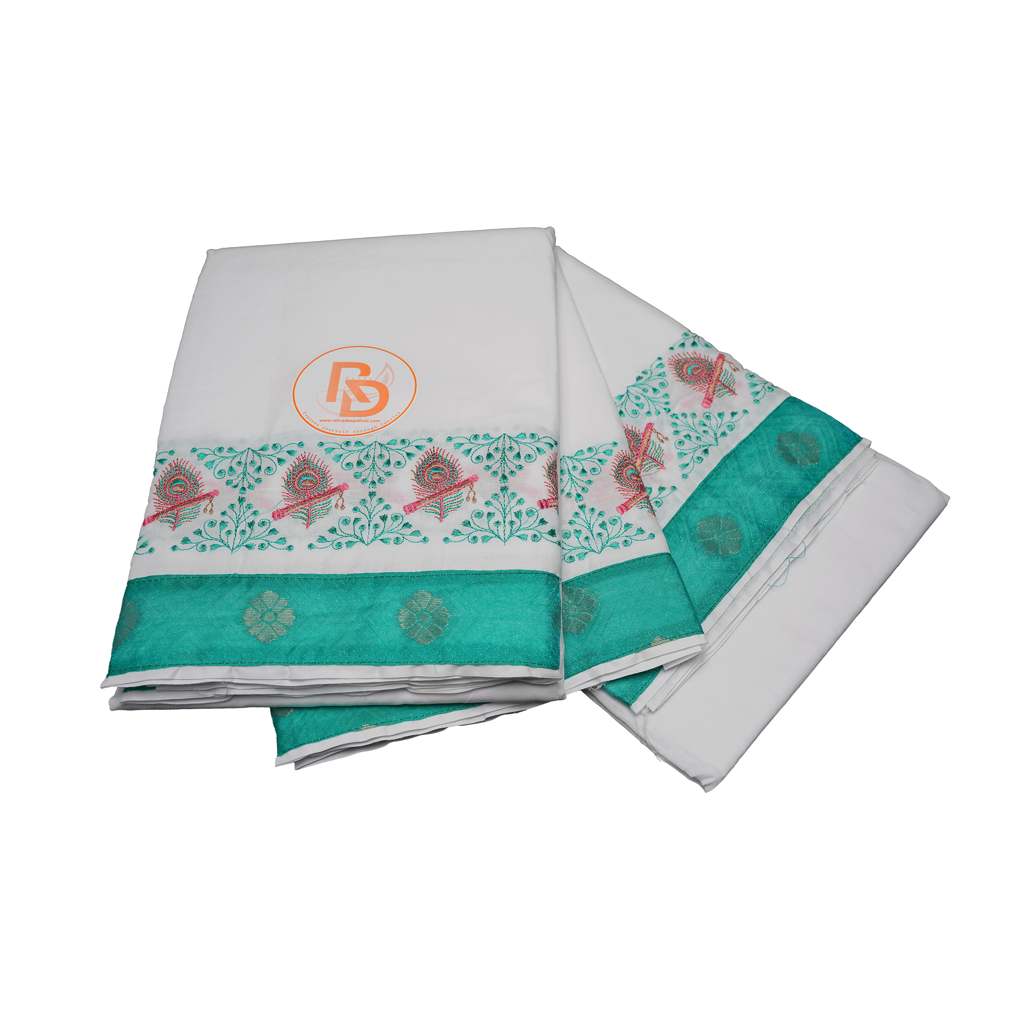 White Cotton Dhoti Set with Teal Green Peacock Feather Jacquard Border