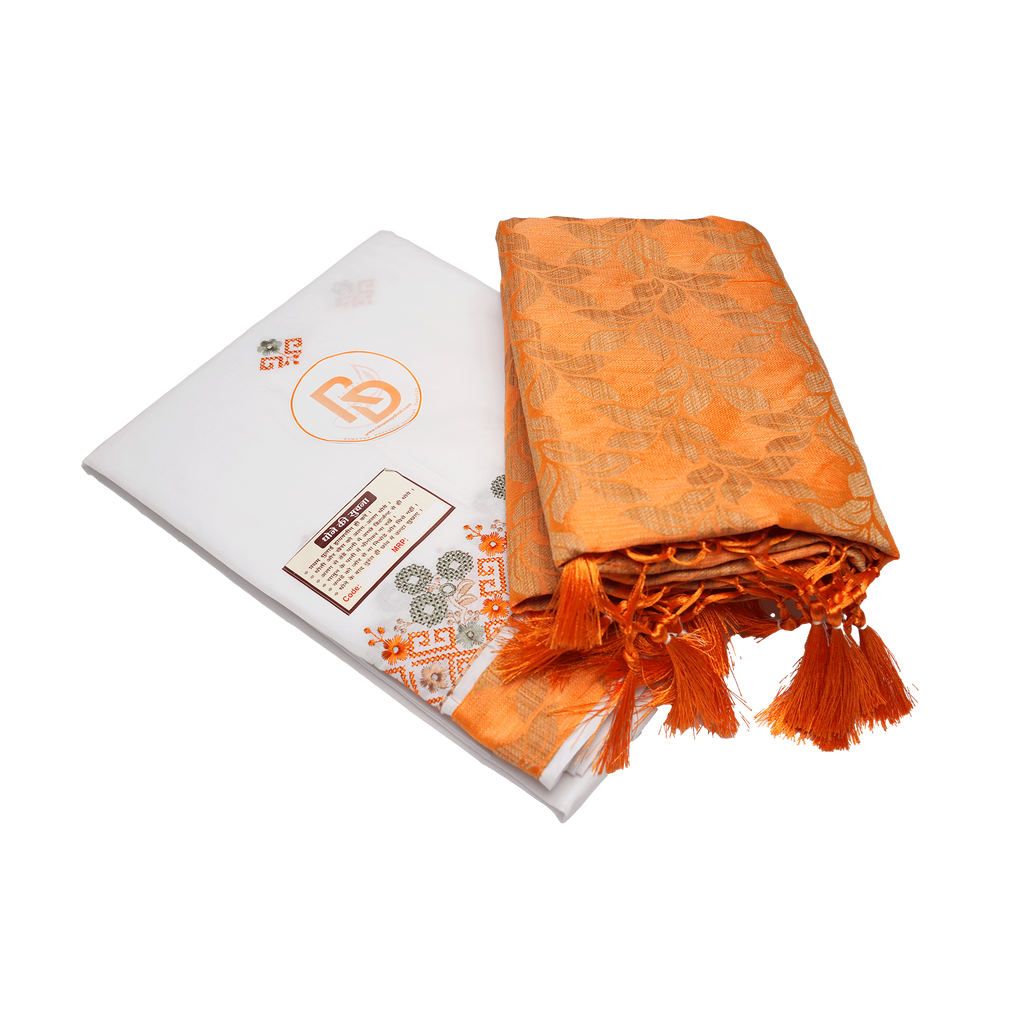 White & Orange Cotton Dhoti with Uparana