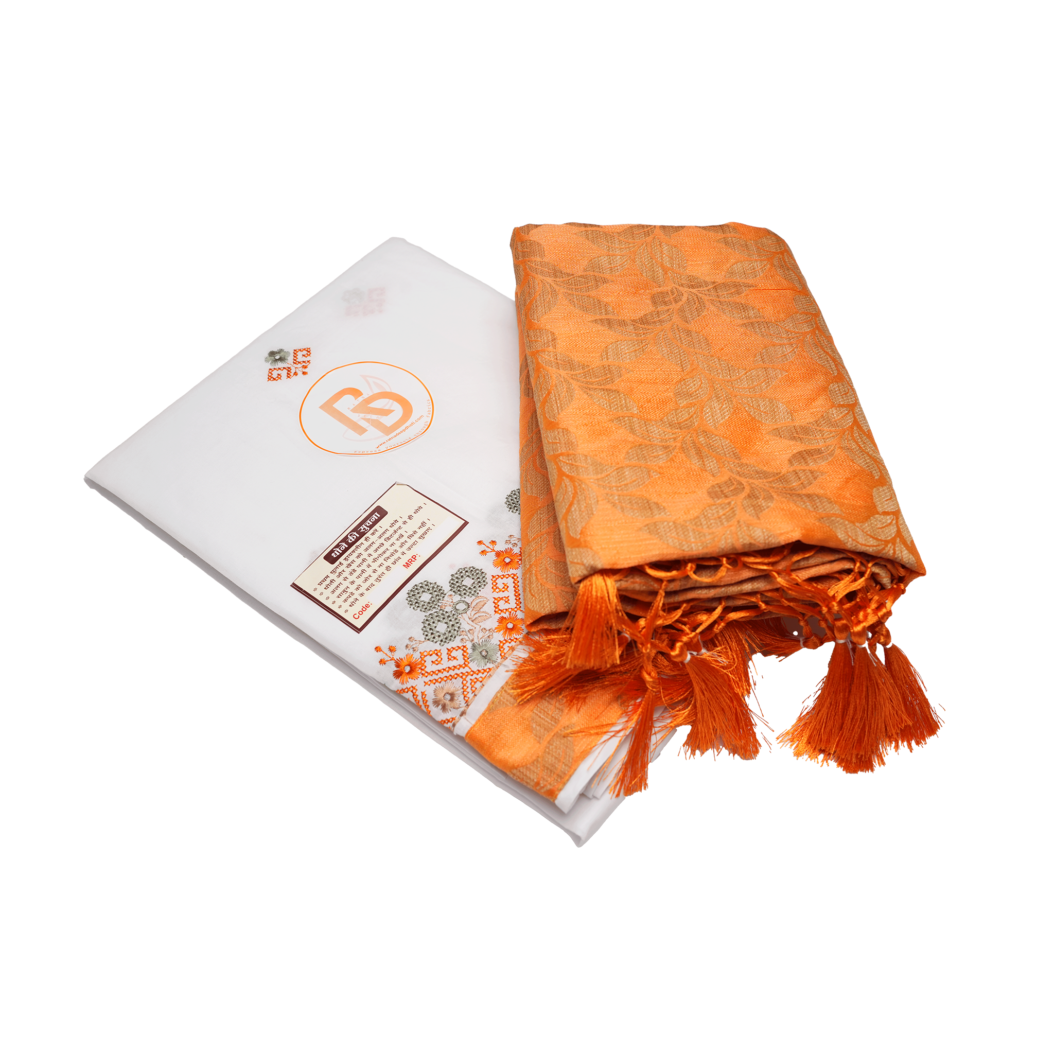 White & Orange Cotton Dhoti with Uparana