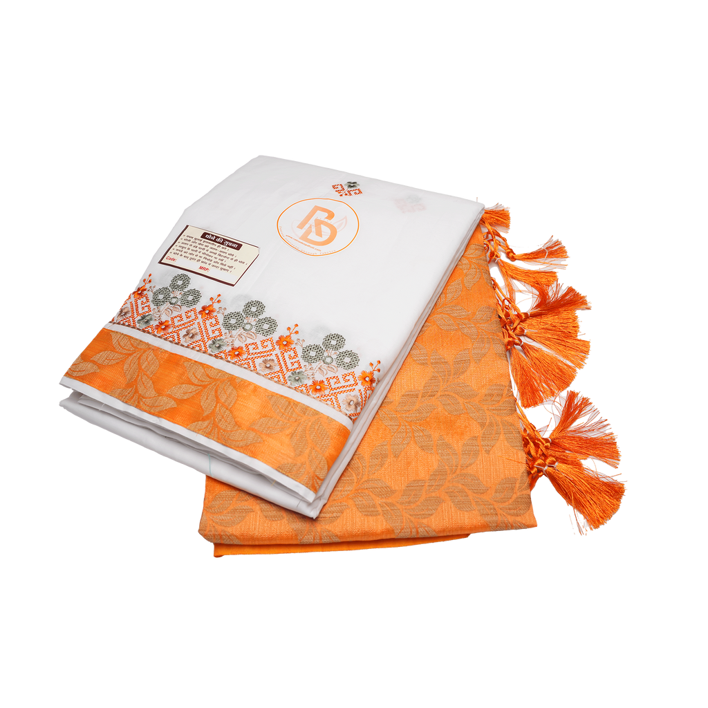 White & Orange Cotton Dhoti with Uparana