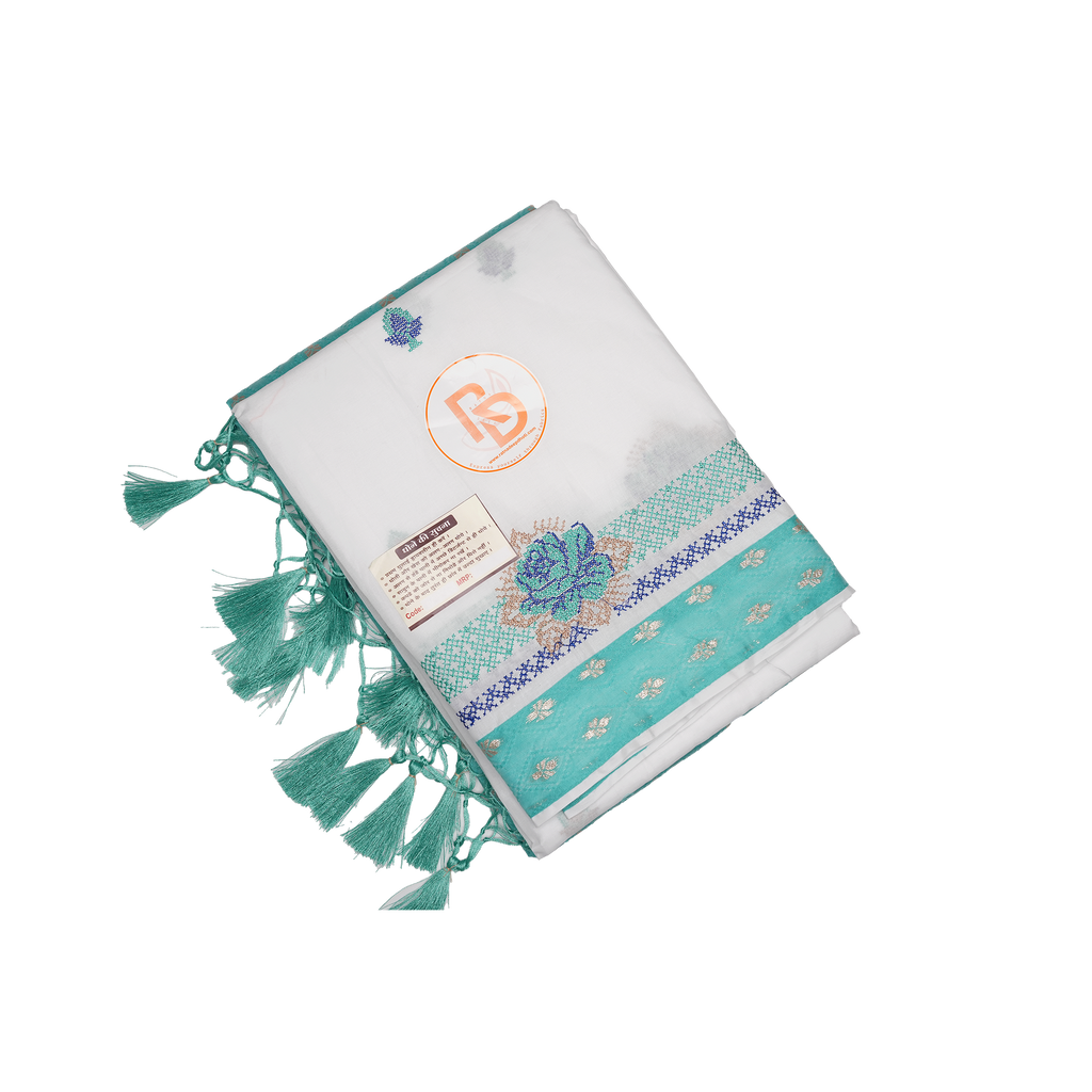 Aqua green bordered white pure cotton dhoti with matching gamchha