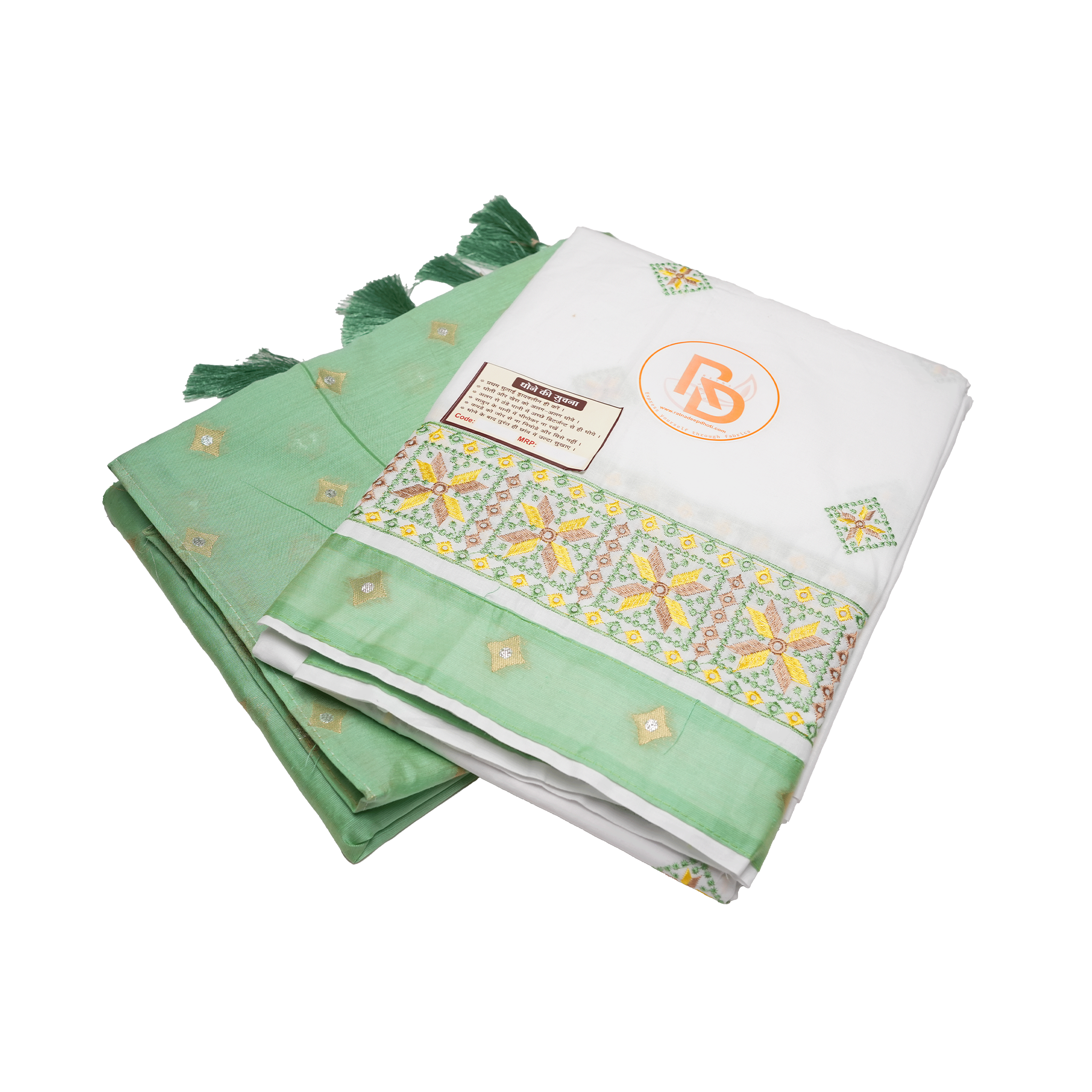 Mint green and floral embroidery bordered pure cotton dhoti set