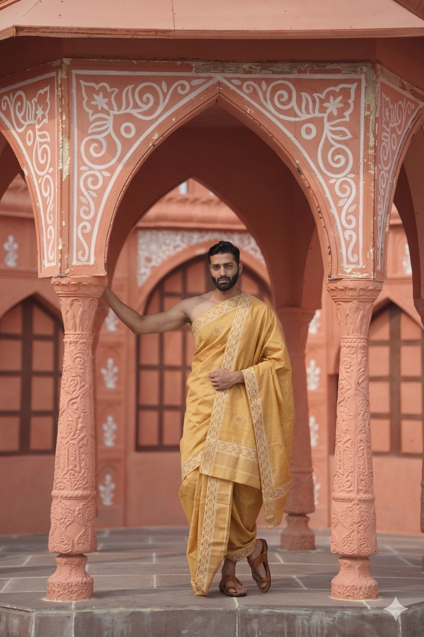 Man in traditional yellow outfit standing in a decorative architectural setting