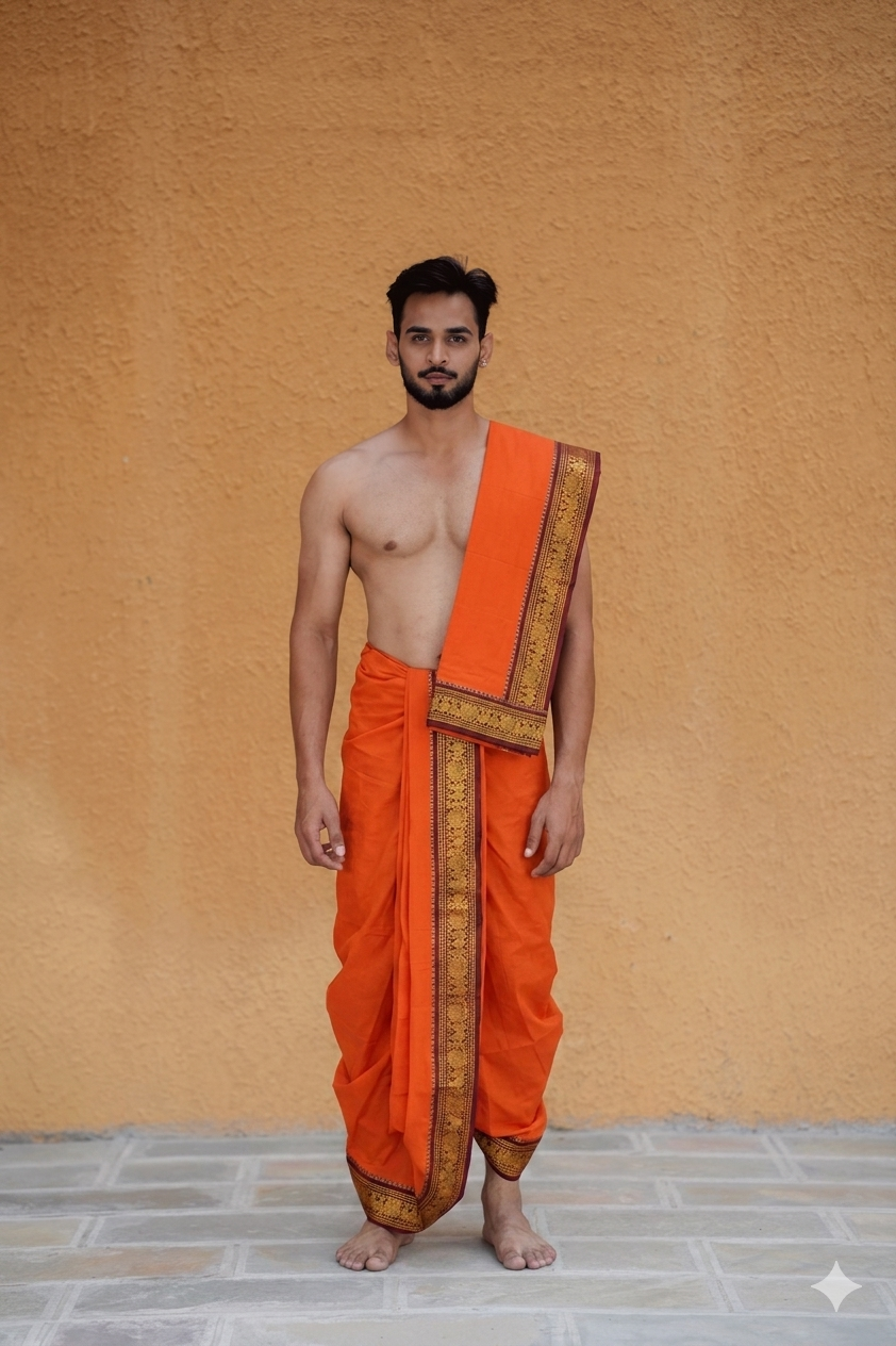 Man wearing a artisan woven border sunfire orange cotton dhoti with uparana
