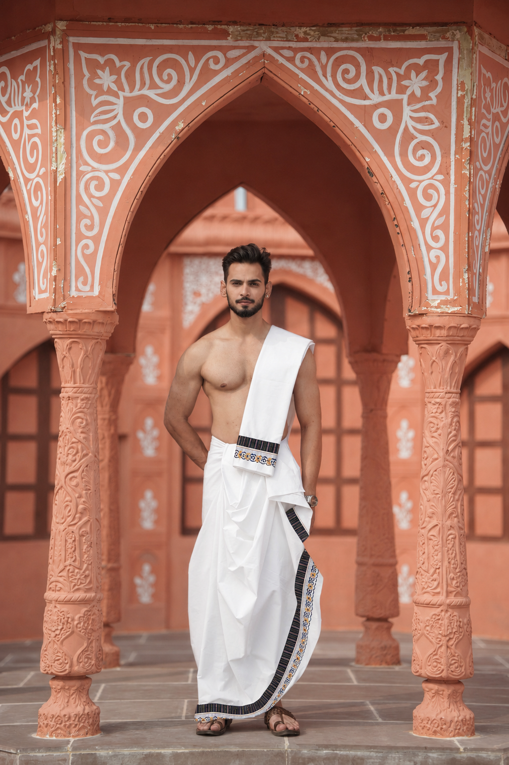 Man wearing a black and designed border cotton dhoti with uparana