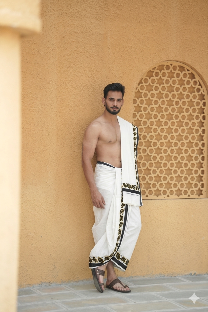Man wearing a black and golden handprint cotton dhoti with khes
