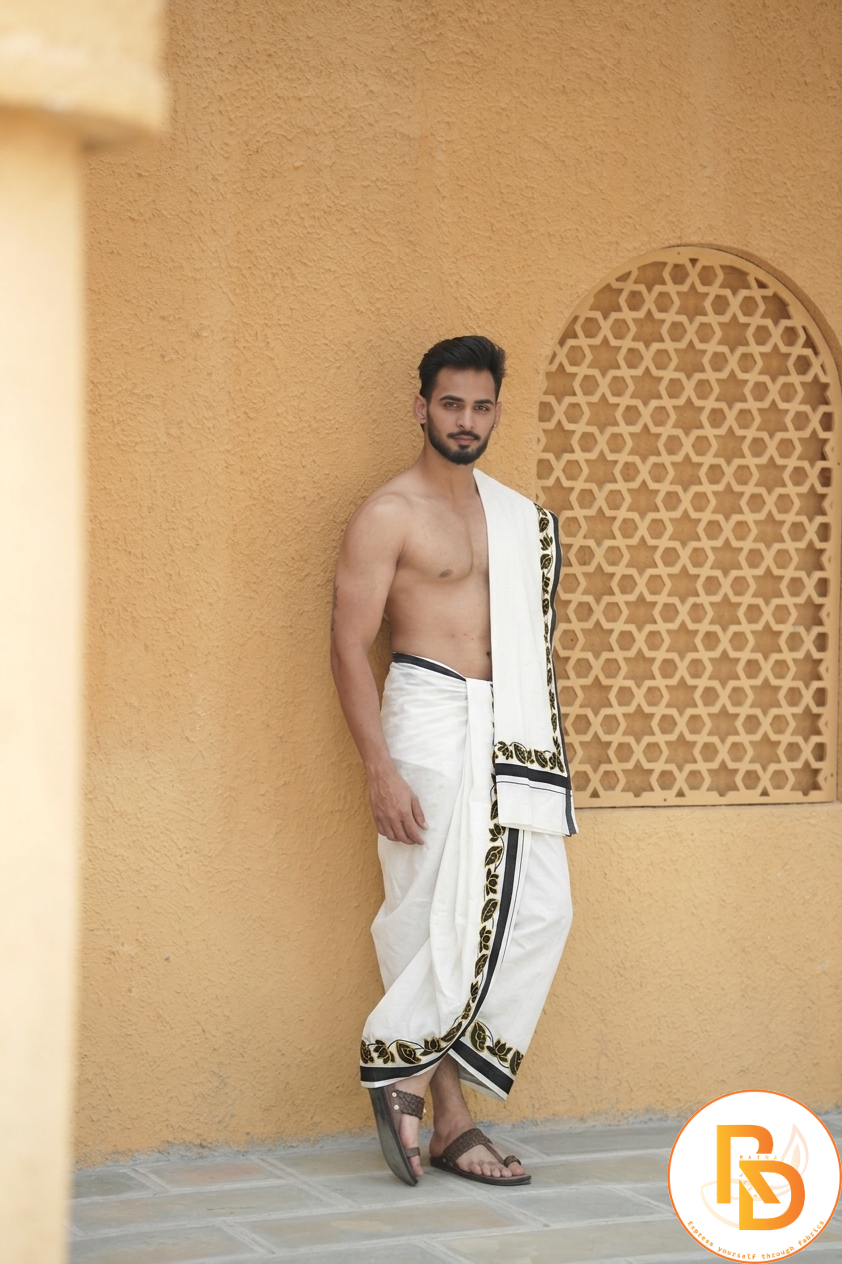 Man wearing a black and golden handprint cotton dhoti with khes