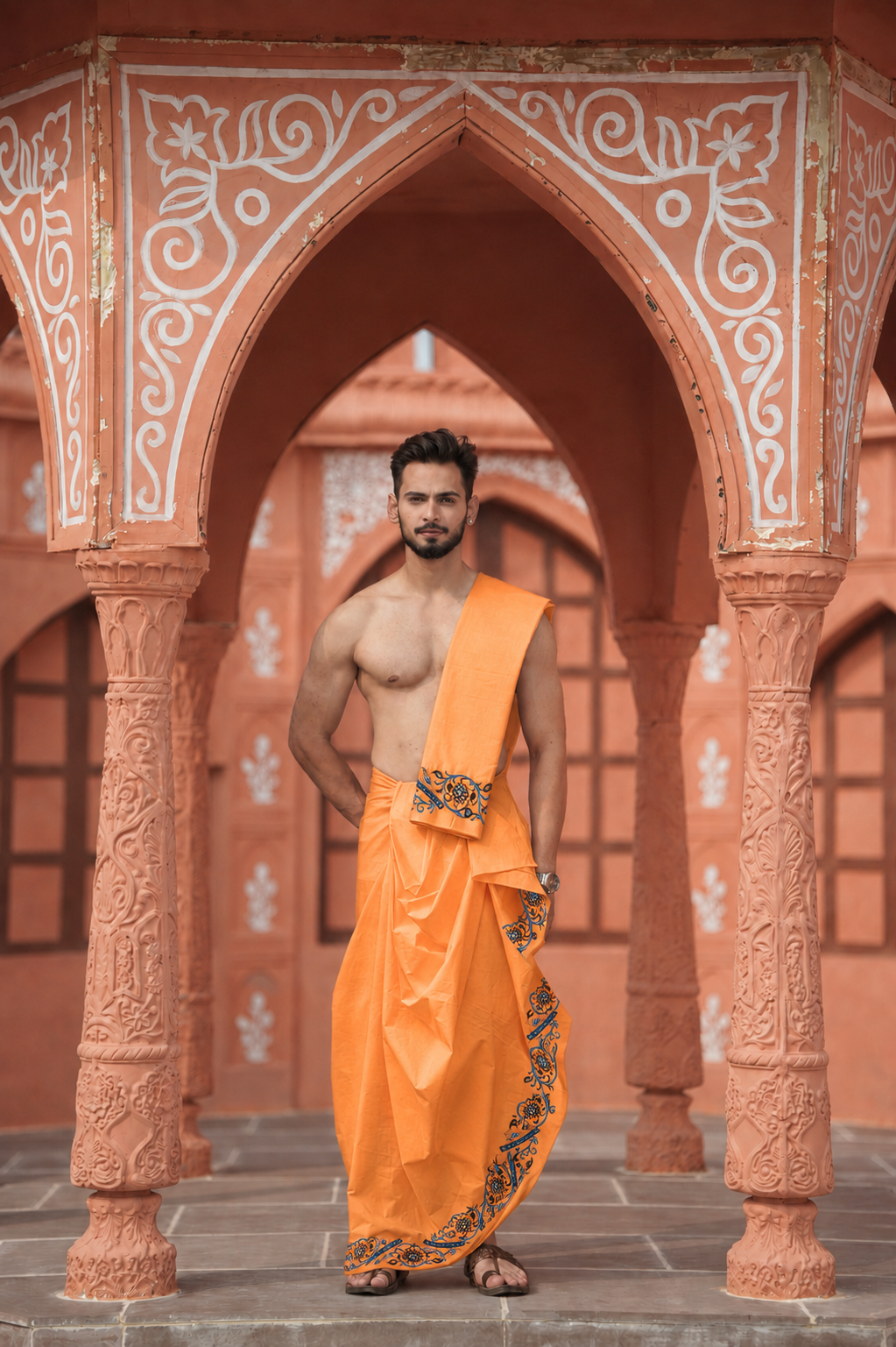 Man wearing a blue and black flute border premium orange cotton dhoti with khes