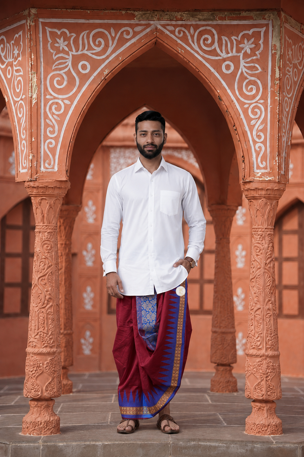 Man wearing a blue and golden border maroon dhoti and shirt combo