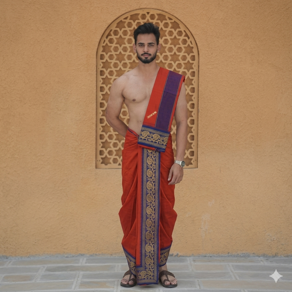 Man wearing a blue and golden border red cotton dhoti with uparana