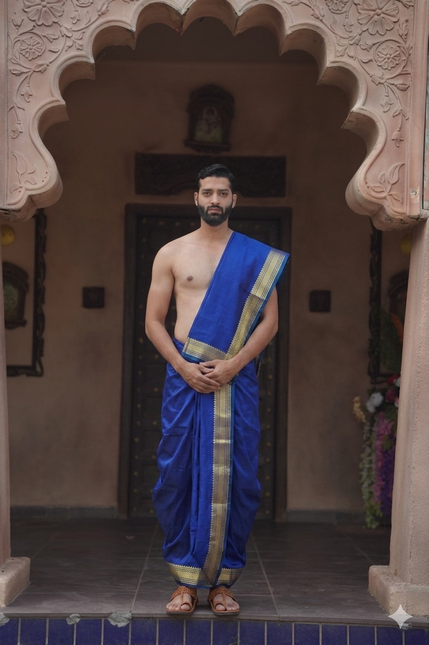 Man wearing a blue silk kasab border dhoti with uparana