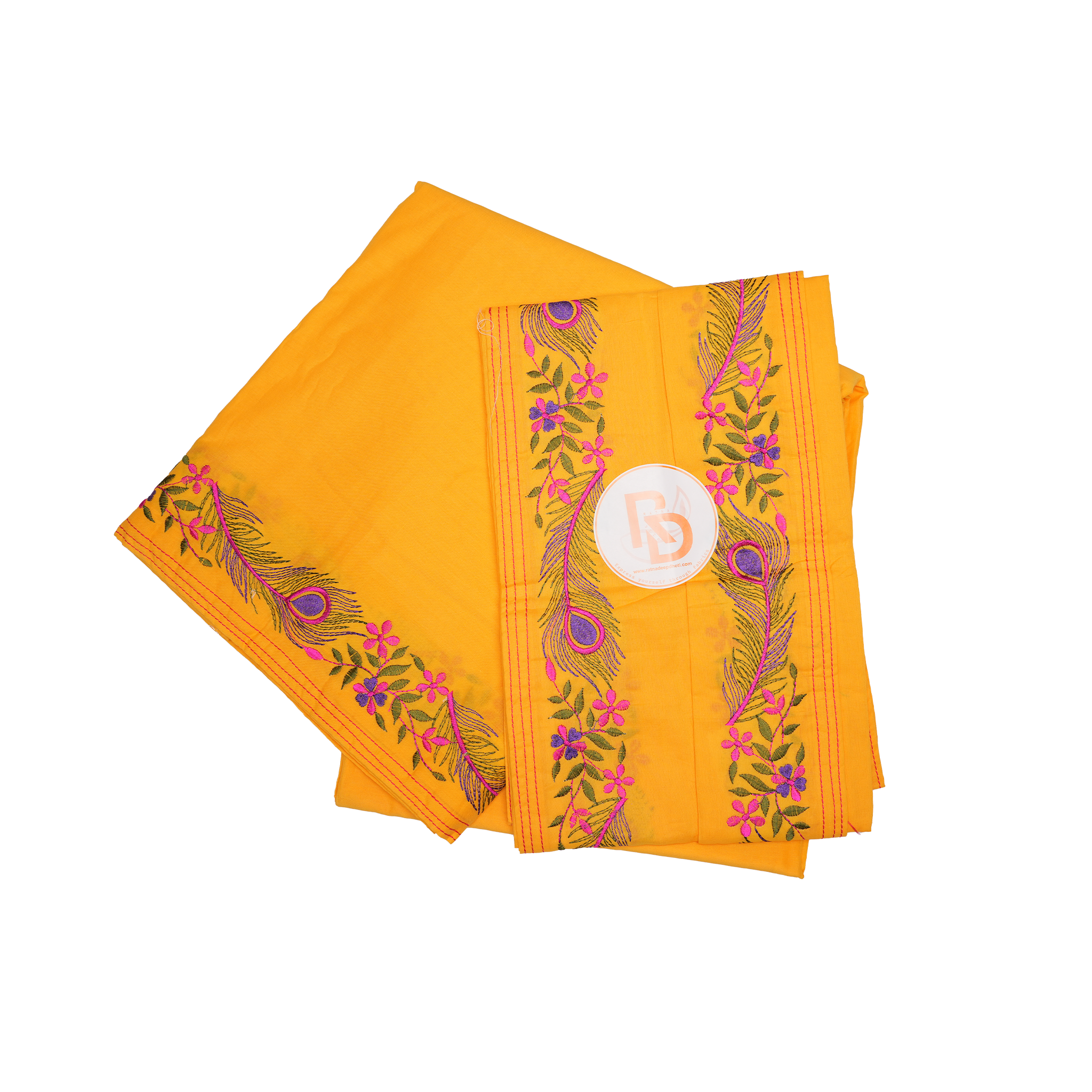 bright yellow embroidery peacock feather border dhoti set