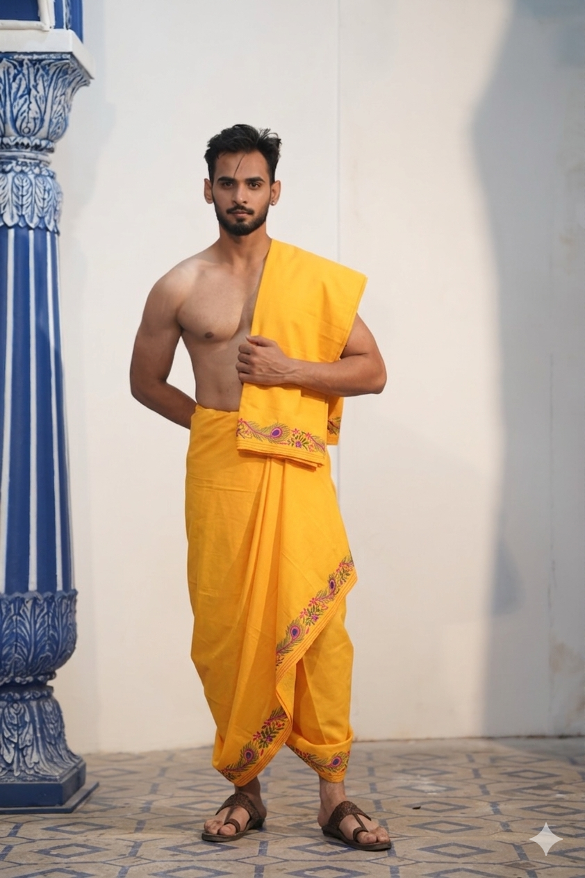 Man wearing a bright yellow embroidery border dhoti with matching uparana