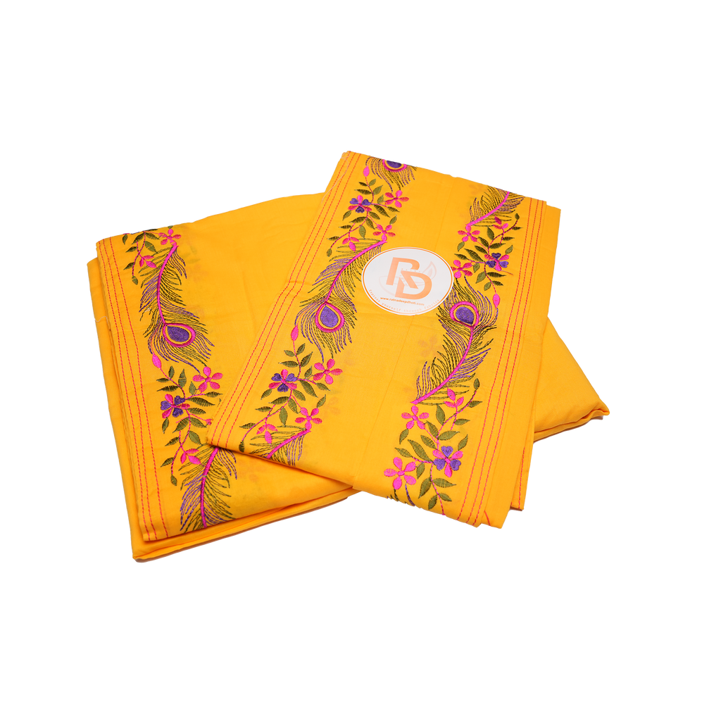 bright yellow embroidery peacock feather border dhoti set