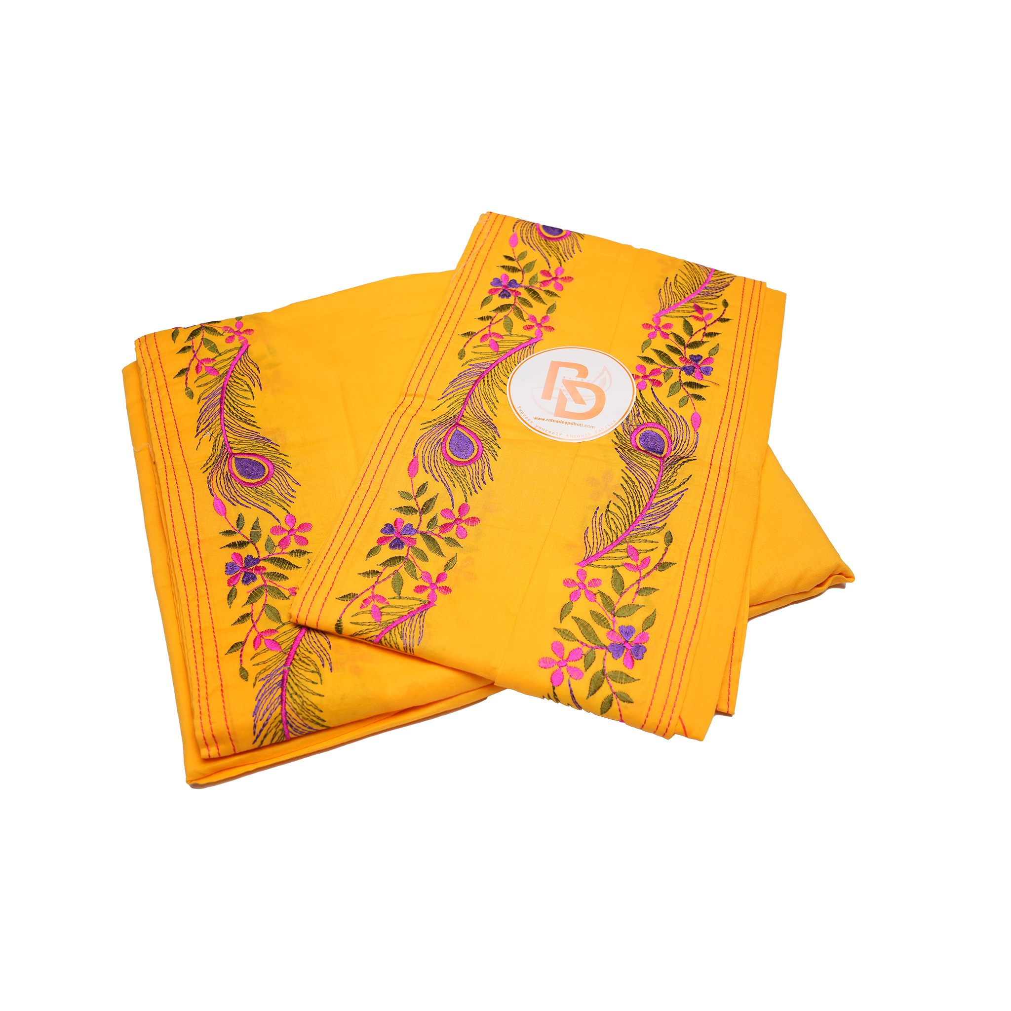 bright yellow embroidery peacock feather border dhoti set
