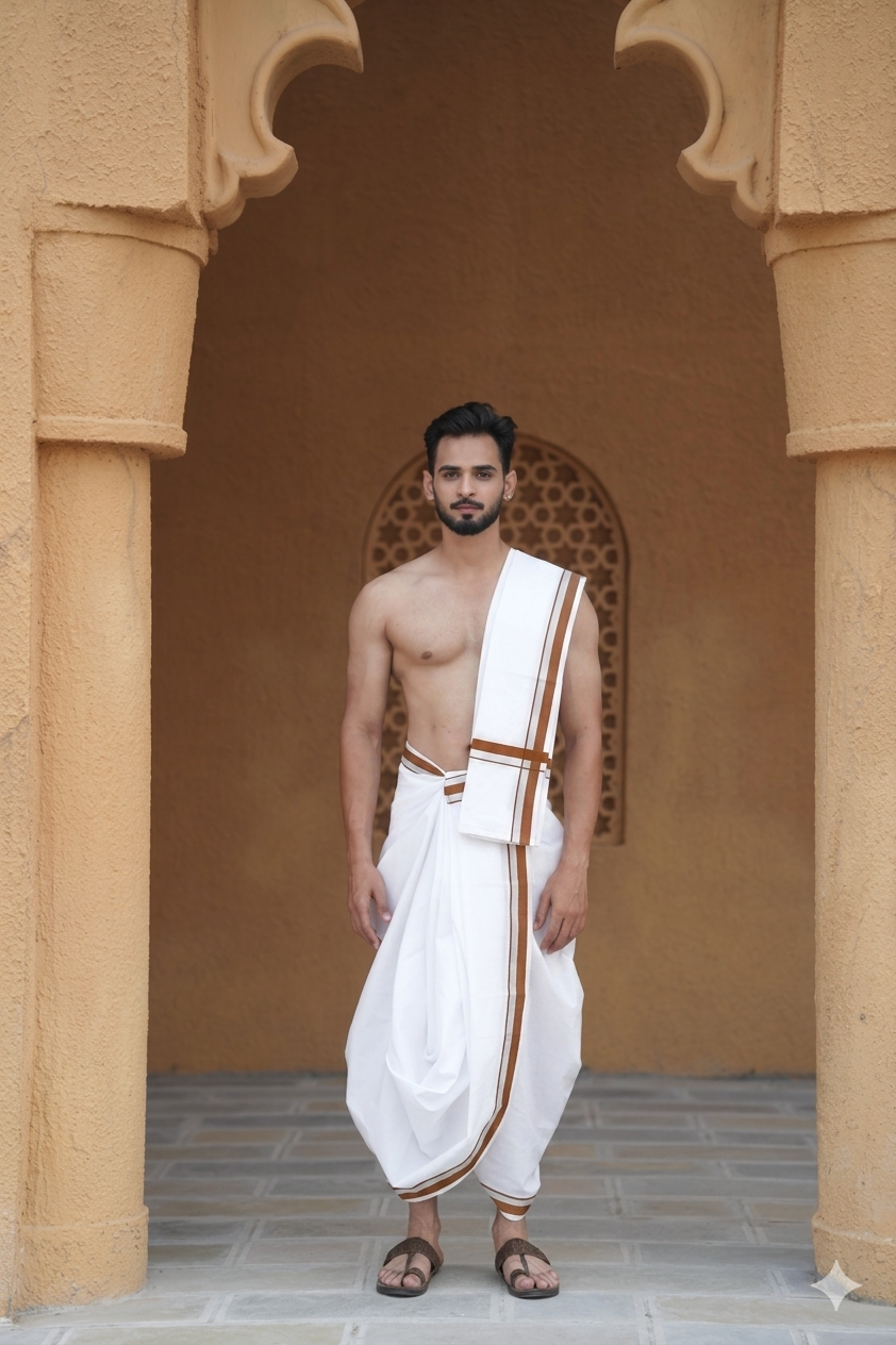 Man wearing a white dhoti with plain brown border