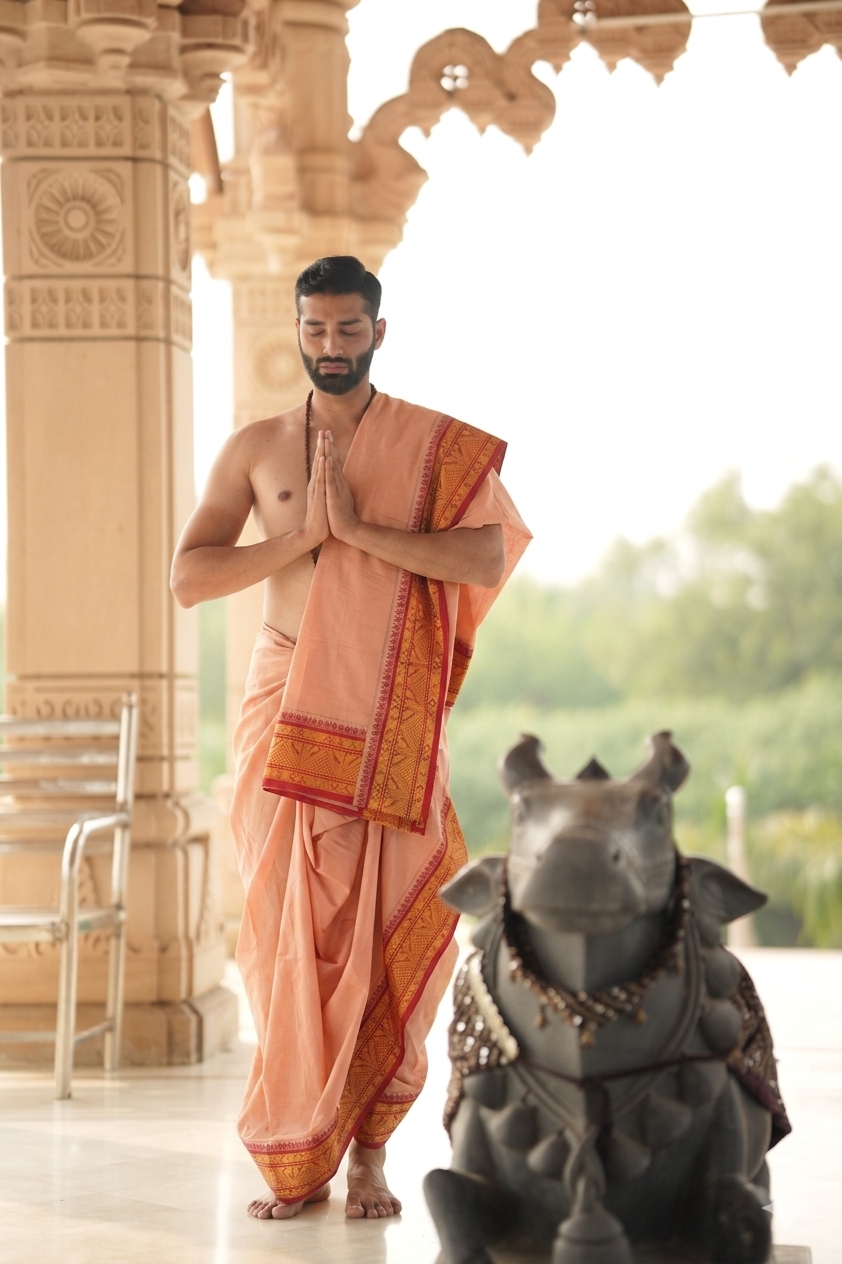 Man wearing a chennai express brown cotton dhoti with uparana