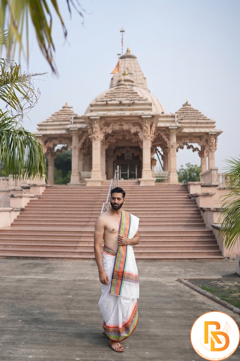 Man wearing a chennai express style cotton dhoti with matching uparana