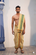 Man wearing a classic checkered border off white cotton dhoti with uparana