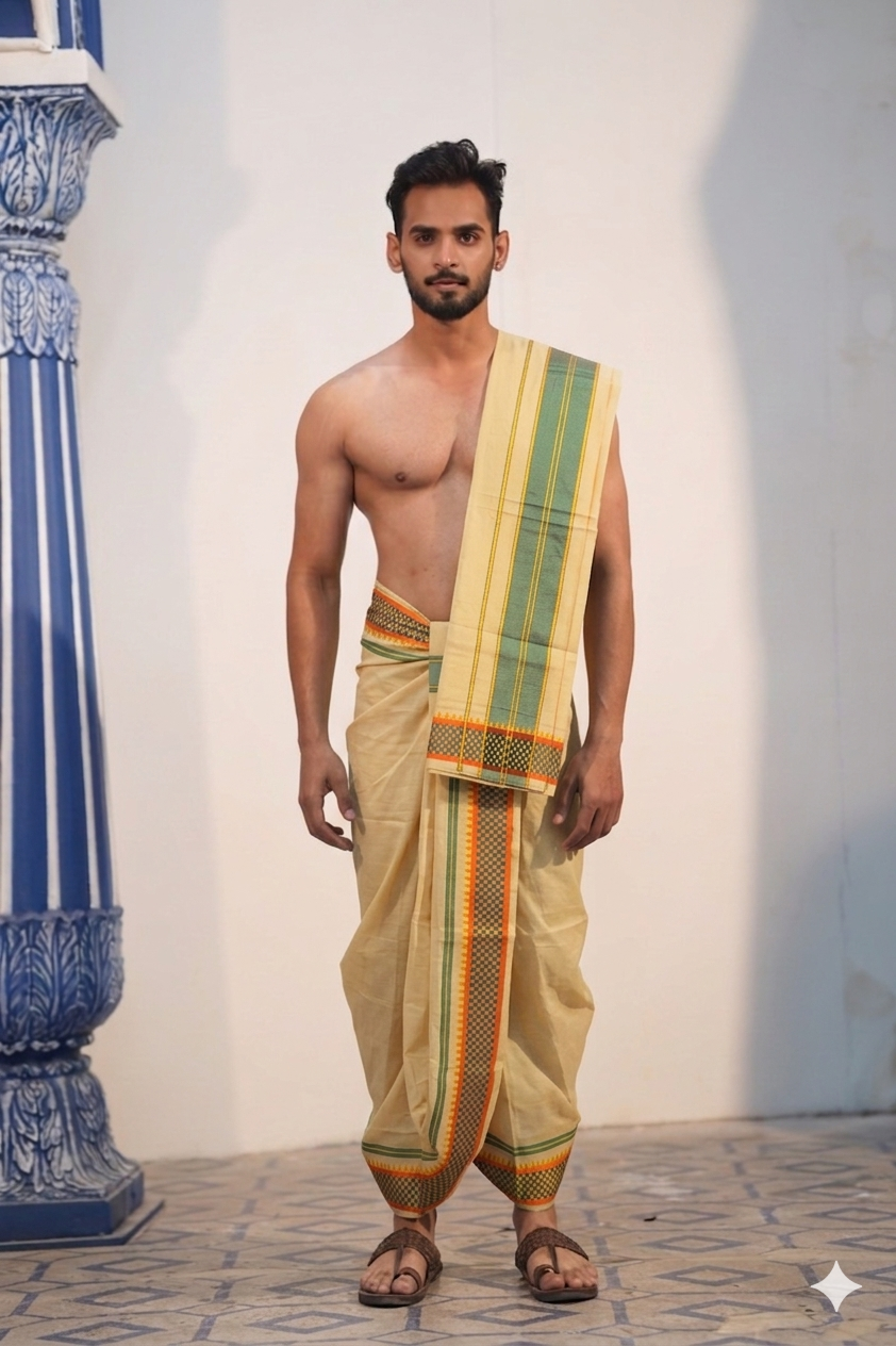 Man wearing a classic checkered border off white cotton dhoti with uparana