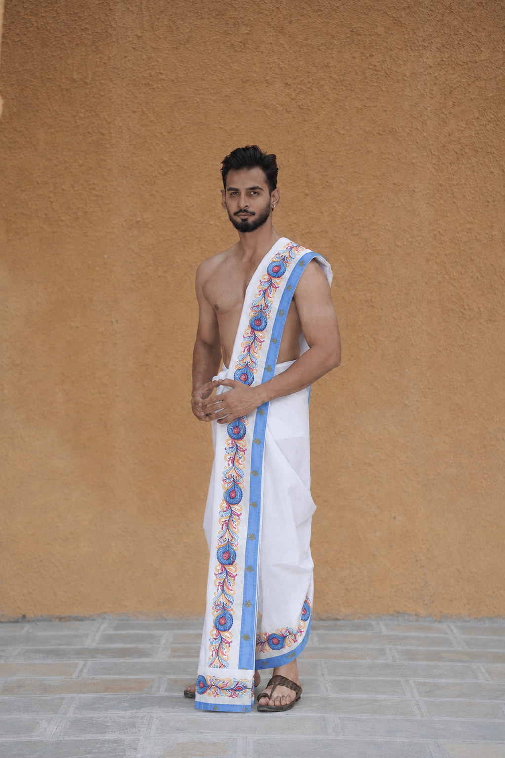 Man wearing a classic design border white cotton dhoti with khes