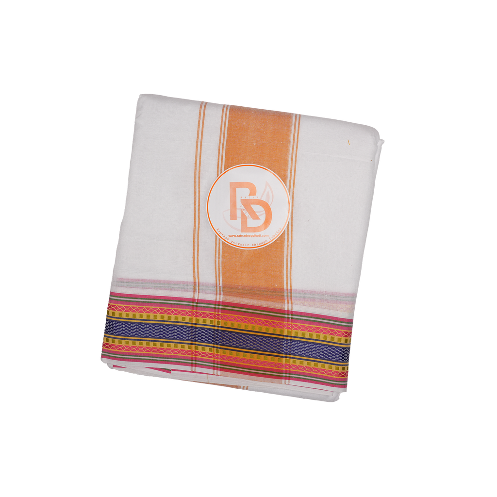 classic light orange border white cotton dhoti set
