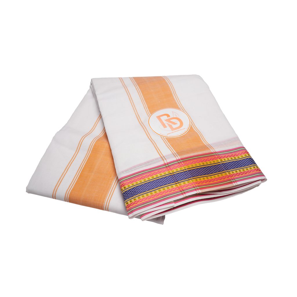 classic light orange border white cotton dhoti set