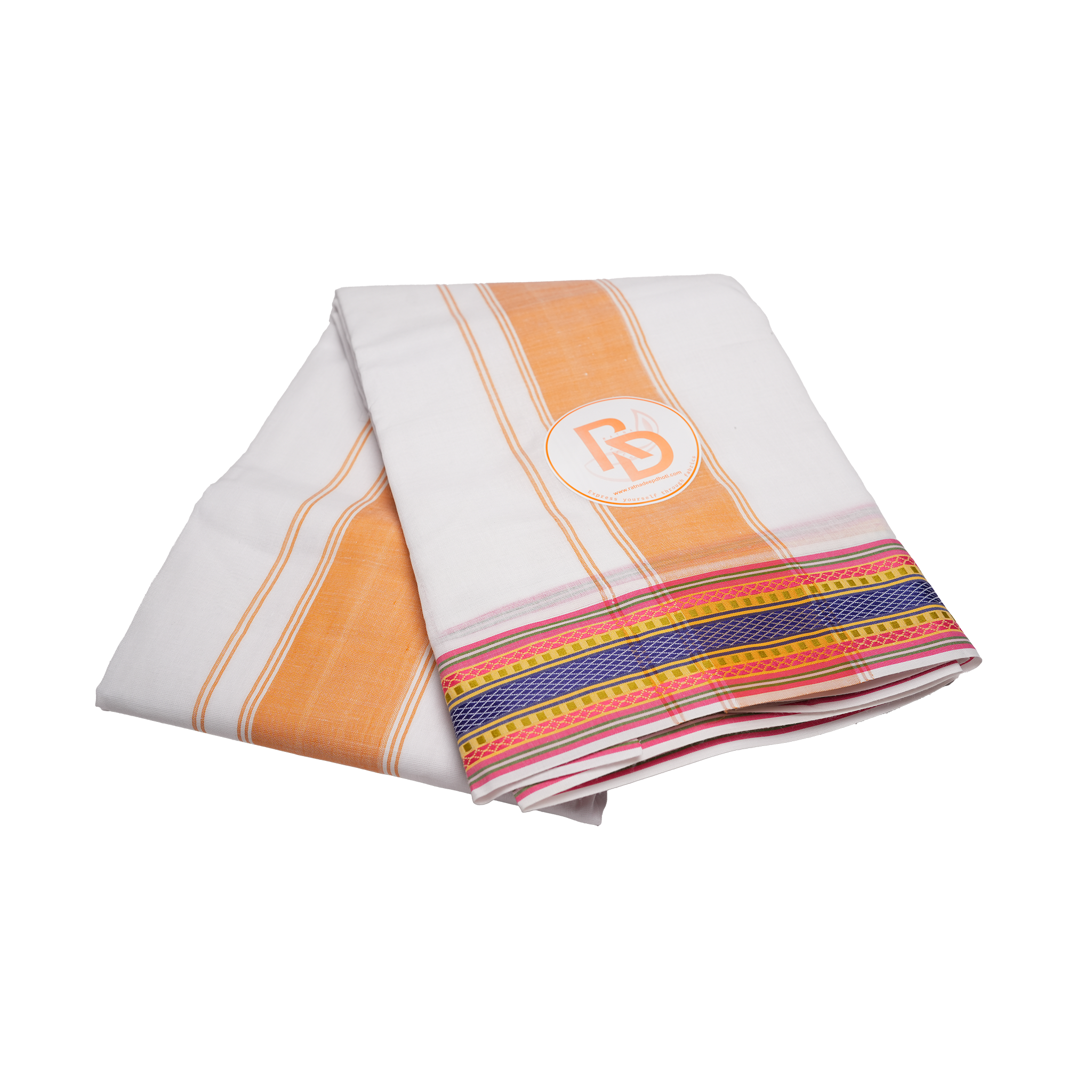 classic light orange border white cotton dhoti set