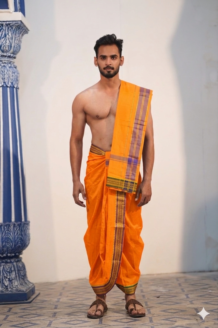 Man wearing a contrast temple pattern border light orange cotton dhoti with uparana