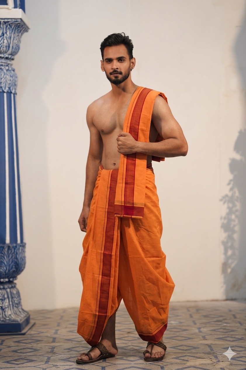 Man wearing a cool cotton orange dhoti with khes