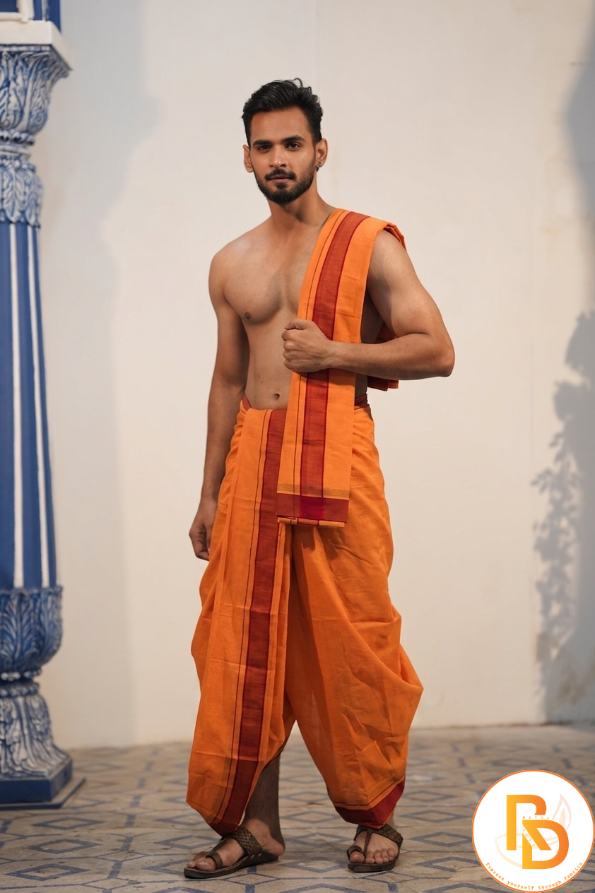 Man wearing a cool cotton orange dhoti with khes