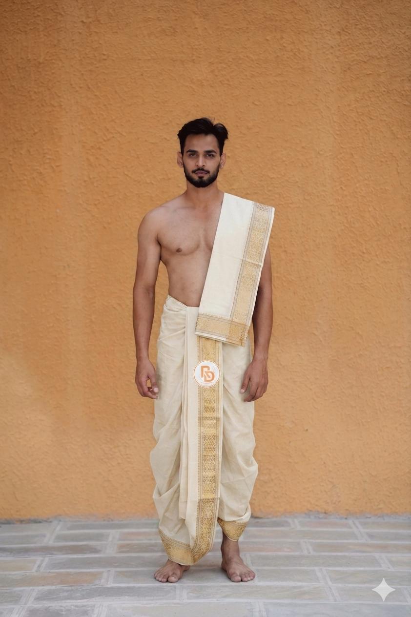 Man wearing a cream golden border cotton dhoti with khes