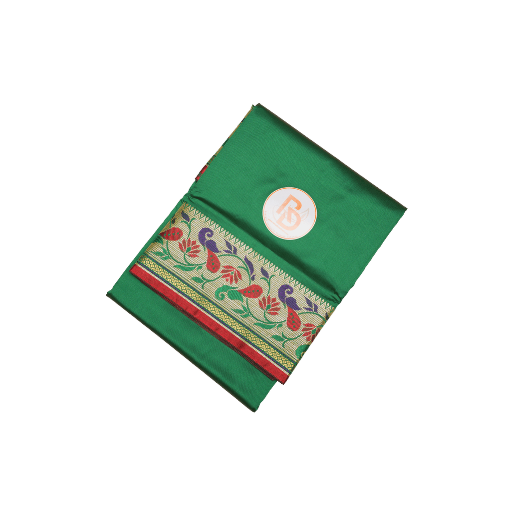 designer peacock floral border artificial silk green dhoti set