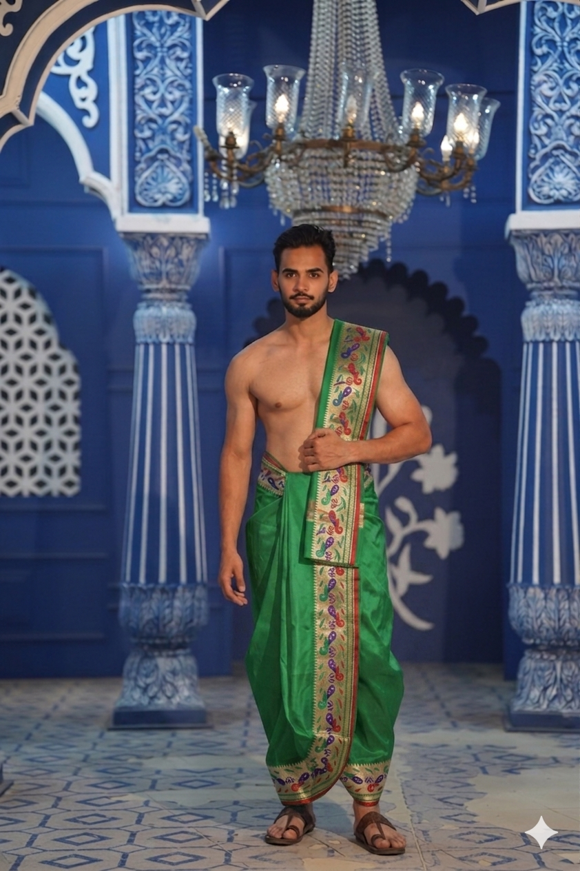 Man wearing a designer peacock floral border green artificial silk dhoti with uparana