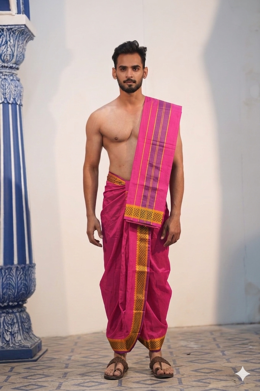 Man wearing a diamond design border cotton dhoti with matching uparana