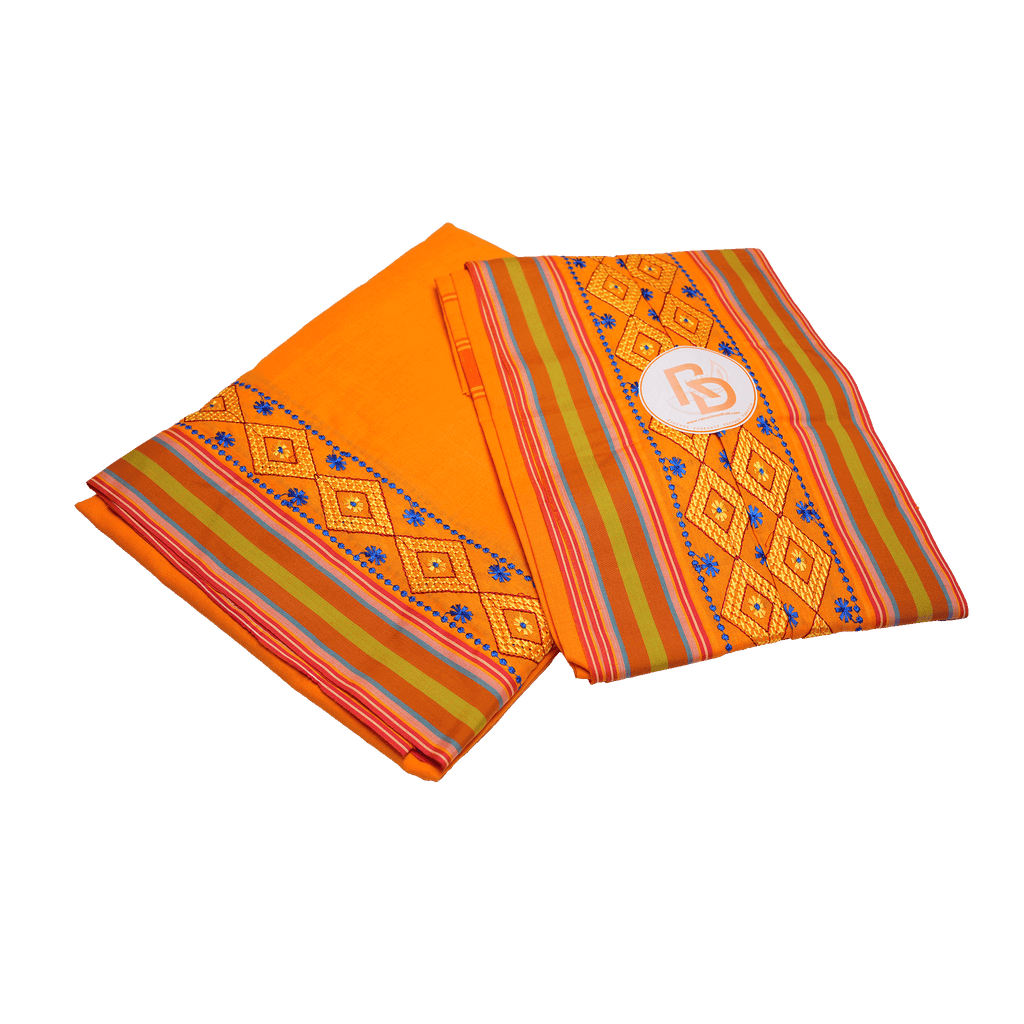 diamond embroidery border orange cotton dhoti set