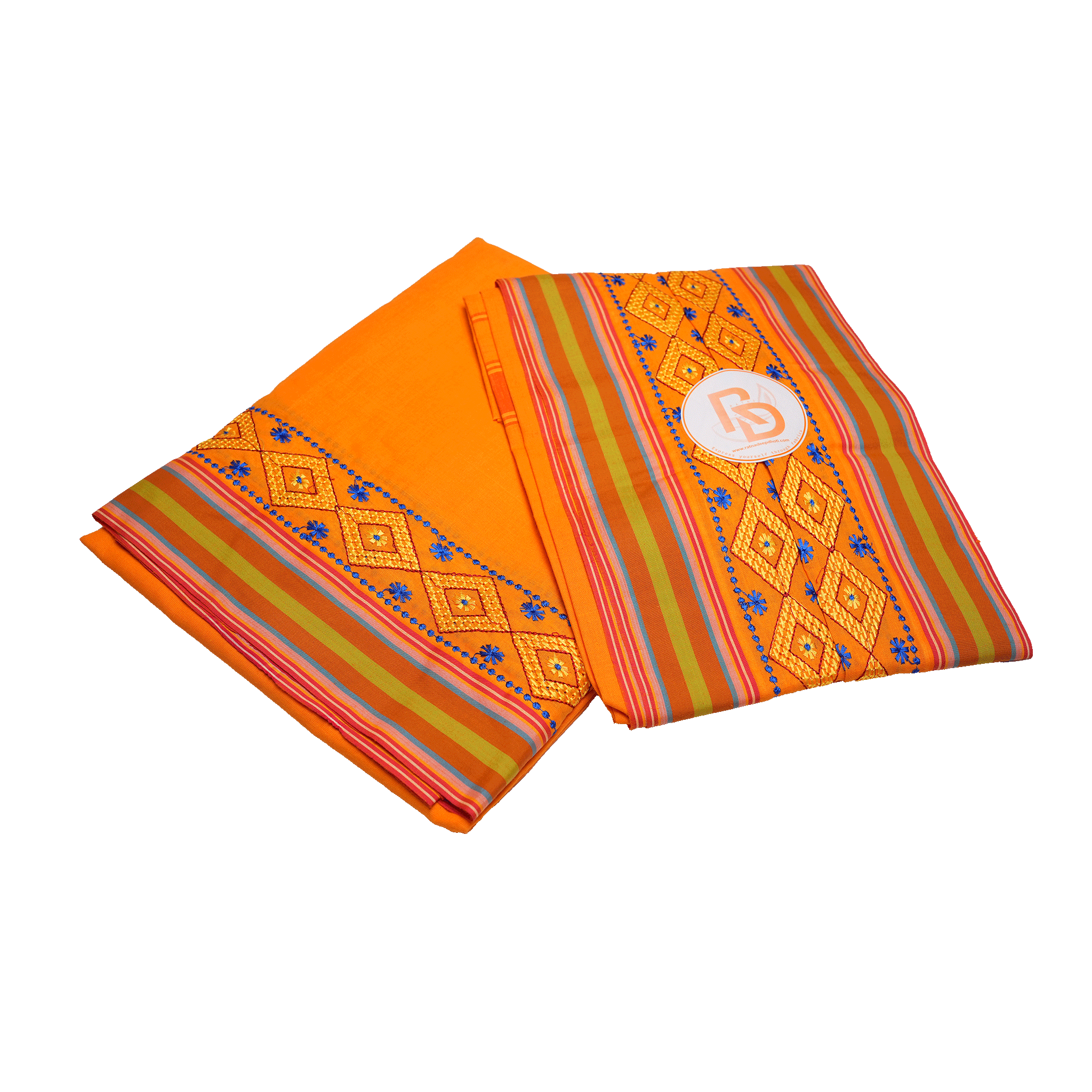 diamond embroidery border orange cotton dhoti set