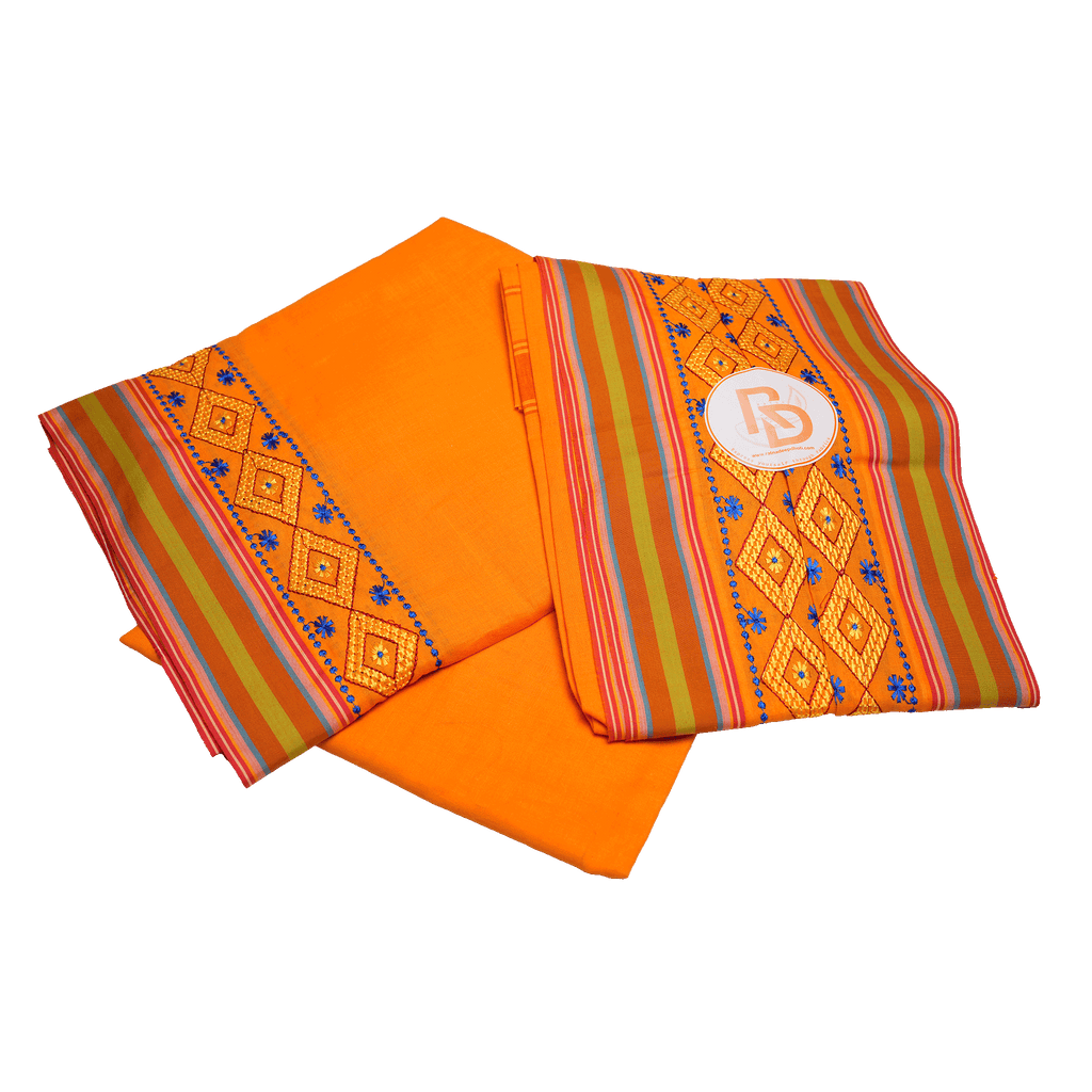 diamond embroidery border orange cotton dhoti set
